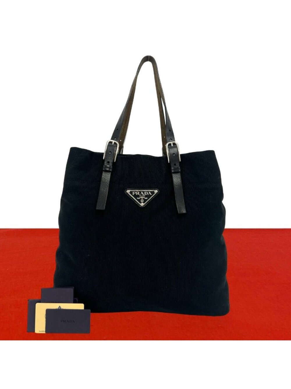 Prada Triangle Logo Canvas Leather Tote Shoulder Bag Black